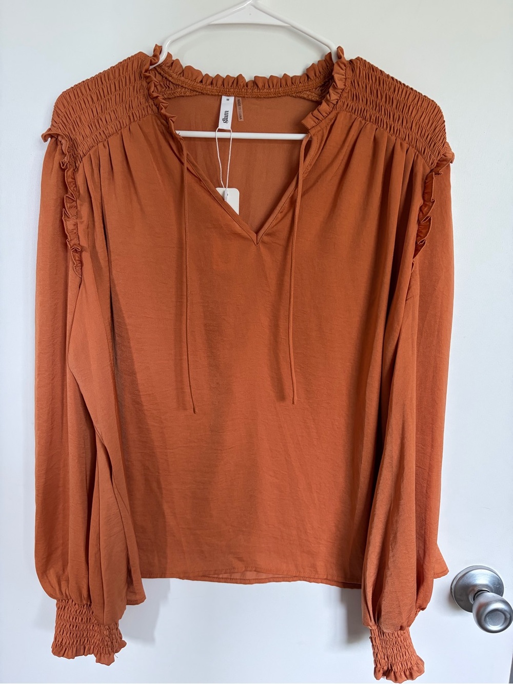glam Rust Orange Smocked Yoke Long-Sleeve Blouse